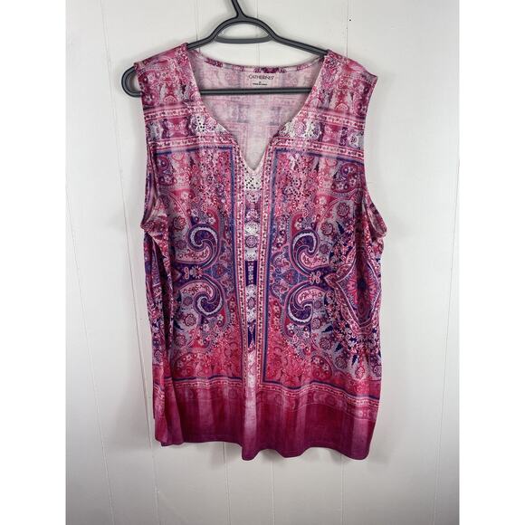 Catherine’s Pink Blouse Geometric Print Gem Fairy Spring Summer Popover 2X - Picture 1 of 8